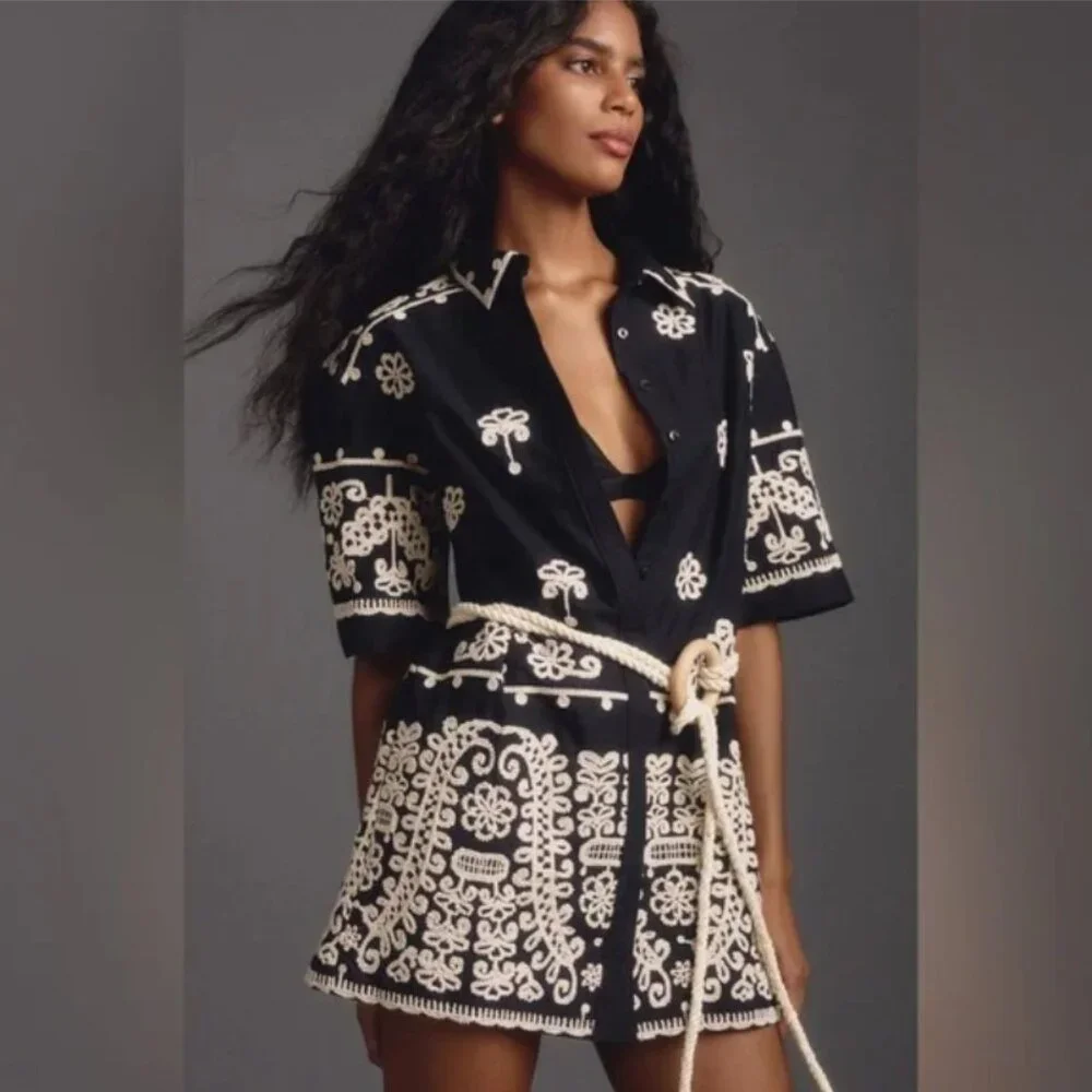 Maeve Anthropologie Black Short Sleeve Embroidered Collared Mini Shirt Dress - Picture 4 of 10